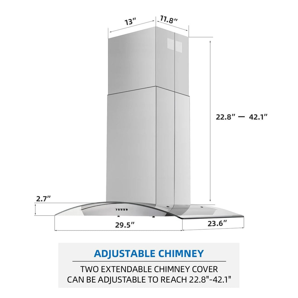 30 inch Island Mount Range Hood 900CFM  Tempered Glass 3-Speed Vent Hood Stainless Steel Dishwasher