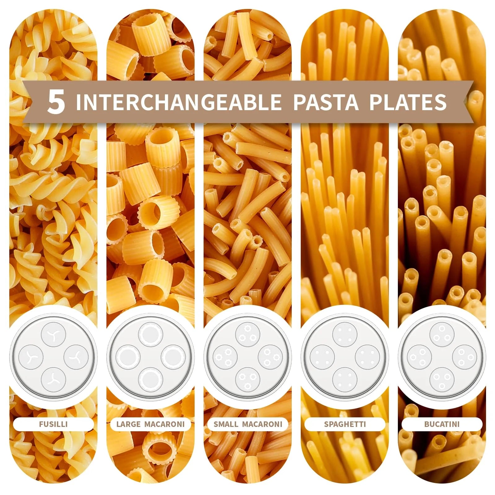 Metal Gourmet Pasta Press Attachment for Kitchenaid Stand Mixer, Pasta Maker Attachment with 5 Interchangeable Plates, Spaghetti Bucatini Fusilli Large/Small Macaroni