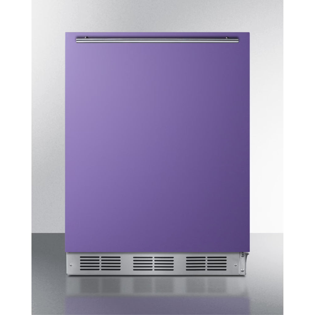 Undercounter 24 Inches all-refrigerator for residential use with lavender purple door, stainless steel handle, and white cabinet