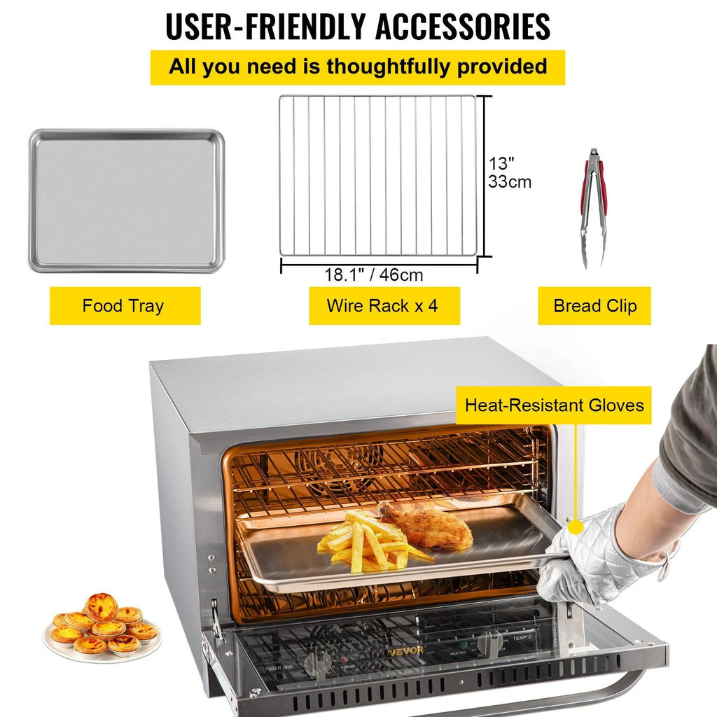 Commercial Convection Oven 47L/43Qt, Half-Size Electric Countertop Baking Oven, 1600W 4-Tier Toaster w/ Front Glass Door, Wire Racks, Tray, Bread Clip & Gloves, 120V ETL Listed