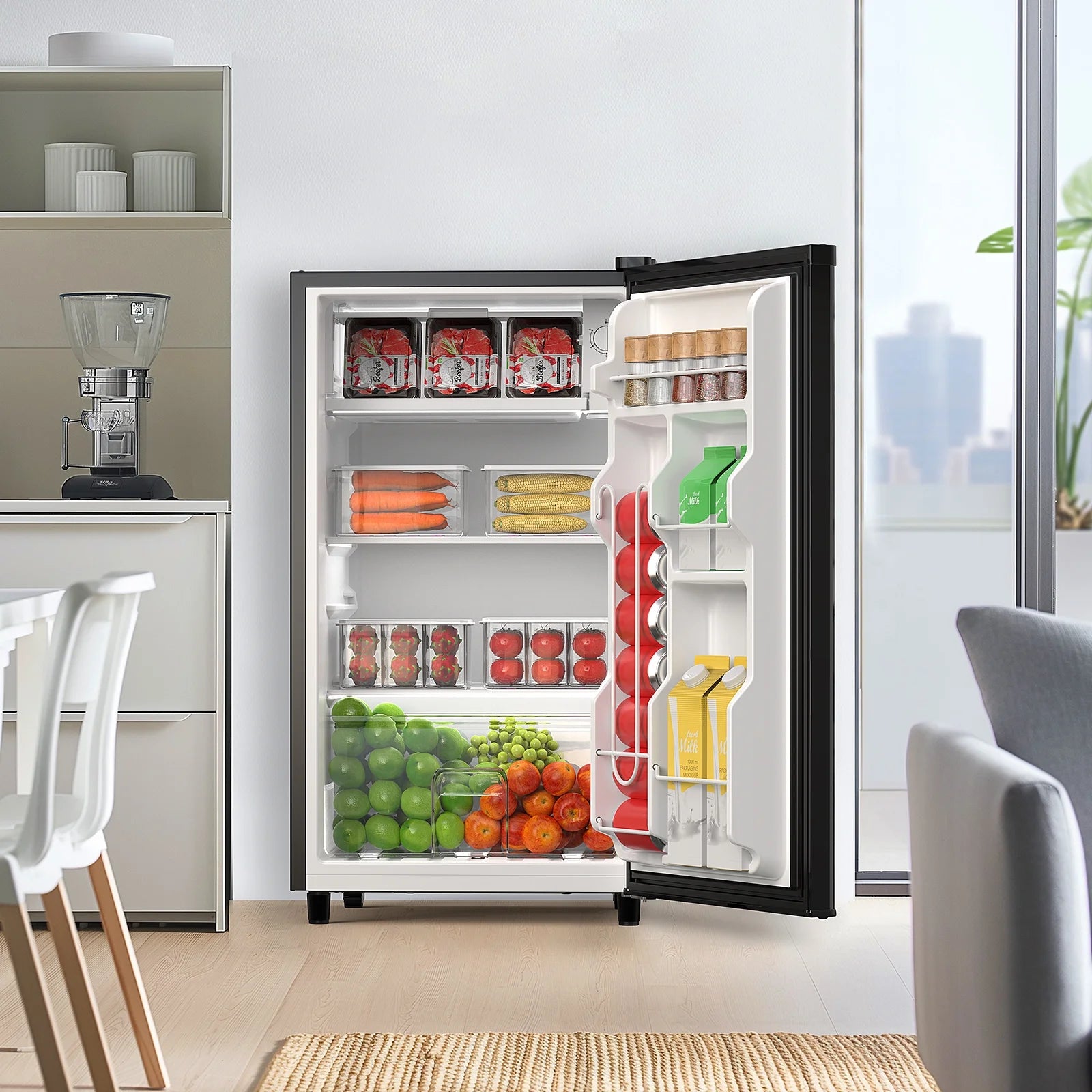 CONCETTA Mini Fridge With Freezer 3.2 Cu.Ft Single Door Adjustable Thermostat, Low Noise, For Bedroom, Office, Dorm, Black