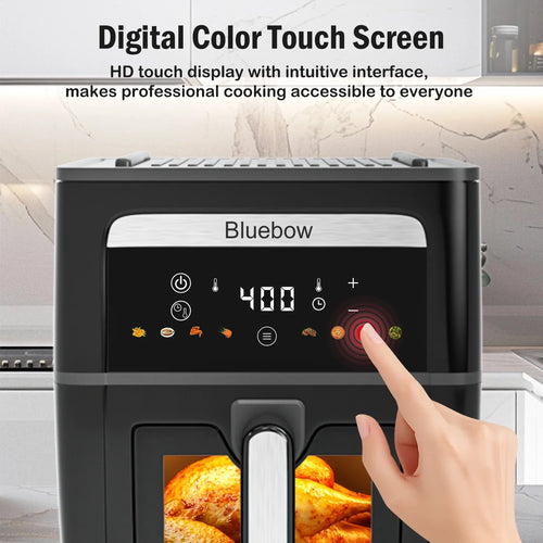 Bluebow 9QT  Air Fryer & Grill Pan Combo, Large Capacity, 8 Preset Functions, Non Toxic, Non-Stick, View Window, Black