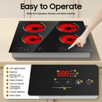 110V 3000W 4-Burner Electric Ceramic Cooktop,Touch Control,9 Gears,Safe & Efficient,for Home & Commercial Use