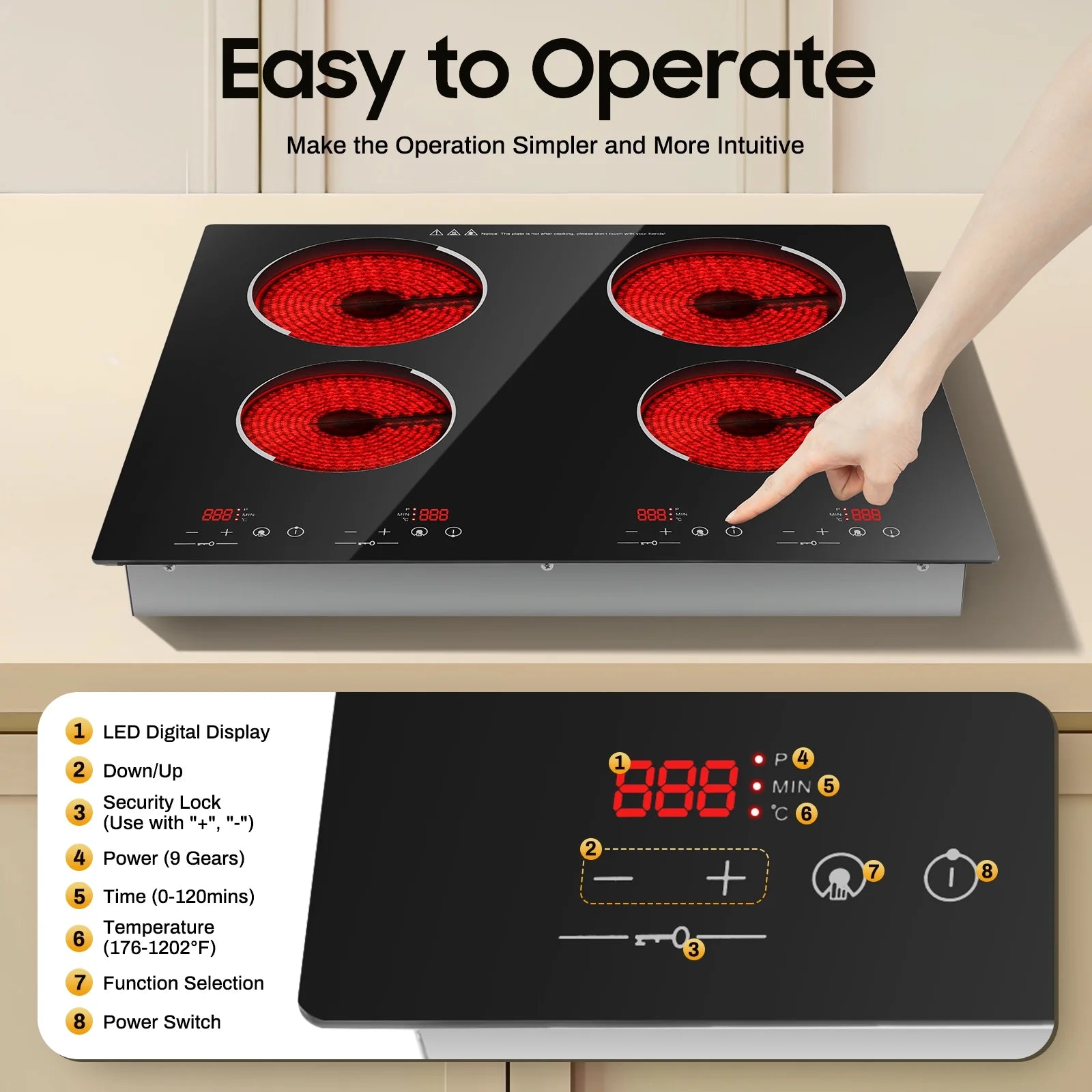 Peakora Electric Cooktop, Built-in Cooktop 3000W, Electric Stove Top with 4 Electric Burners, 9 Heating Level, Kid Safety Lock, Sensor Touch Control, 110V