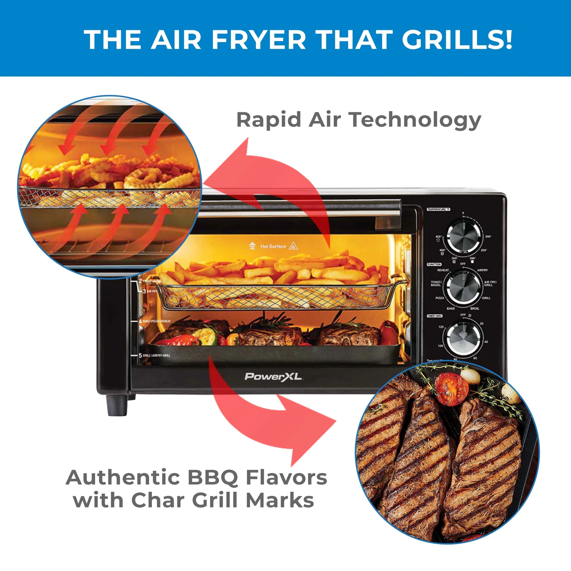 PowerXL Air Fryer Grill Plus Toaster Oven with Air Fry, 8 Functions, Black, 1500 W