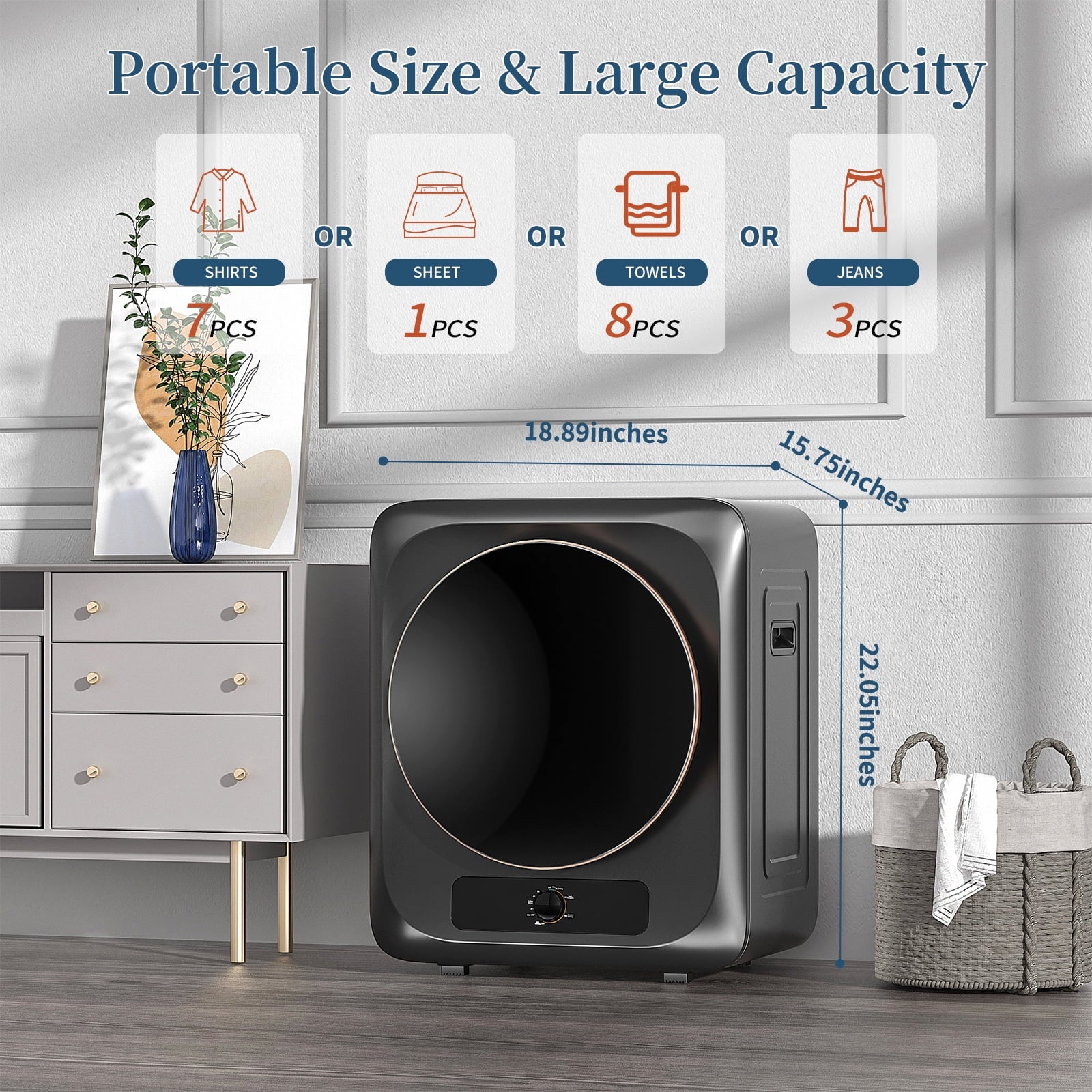 Zynkez Portable Clothes Dryer,1.6 Cu.ft.,110V Electric Compact Laundry Dryer with Stainless Steel Tub for Apartments, Dorms, RVs (White)