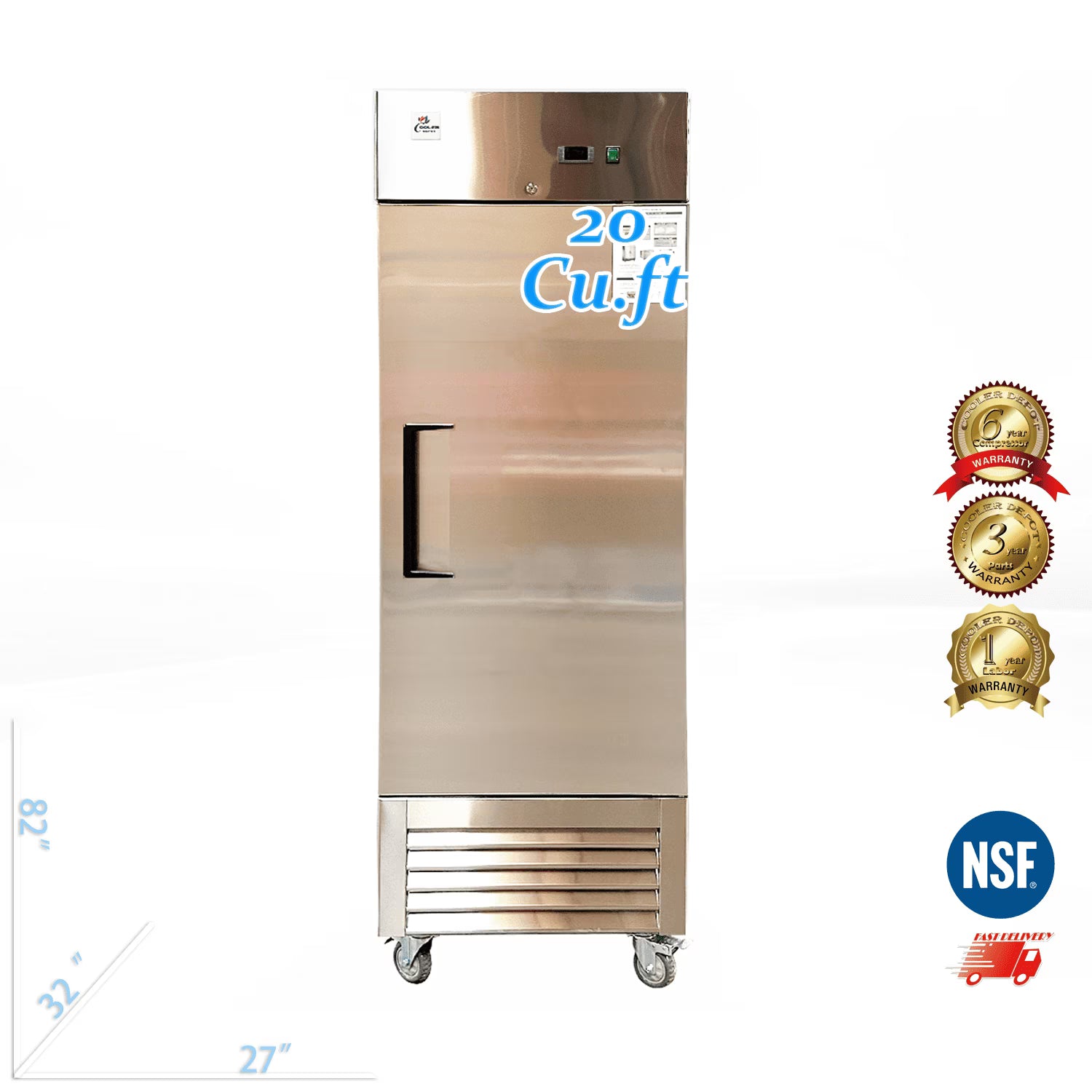 20 cu.ft Reach-In Commercial Upright Freezer, Stainless Steel, Cooler Depot.