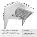 KFFKFF 8FT Range Hood, Stainless Steel Commercial Exhaust Hood, with Rust-Proof Construction and 4 Removable U-shaped Oil Filtration Meshes, Designed for Food Trucks and Concession Trailers