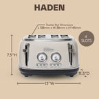 HADEN Dorset Stainless Steel 4-Slice Toaster with Browning Control, Cancel, Reheat and Defrost Settings