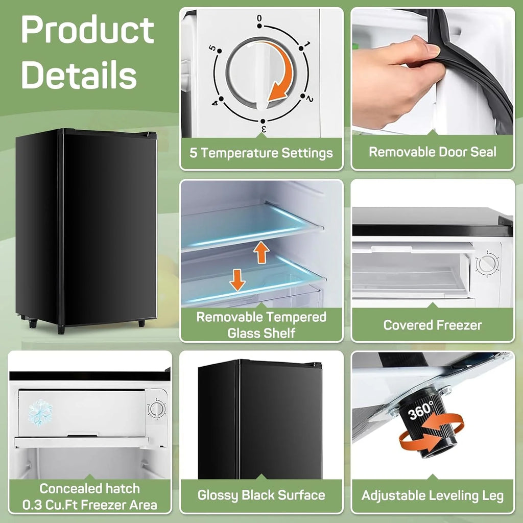 Mini Fridge 3.2 Cu. ft Single Door, 5 Star Energy Efficient, Low Noise, 5 Adjustable Thermostat & Removable Glass Shelves, Silver