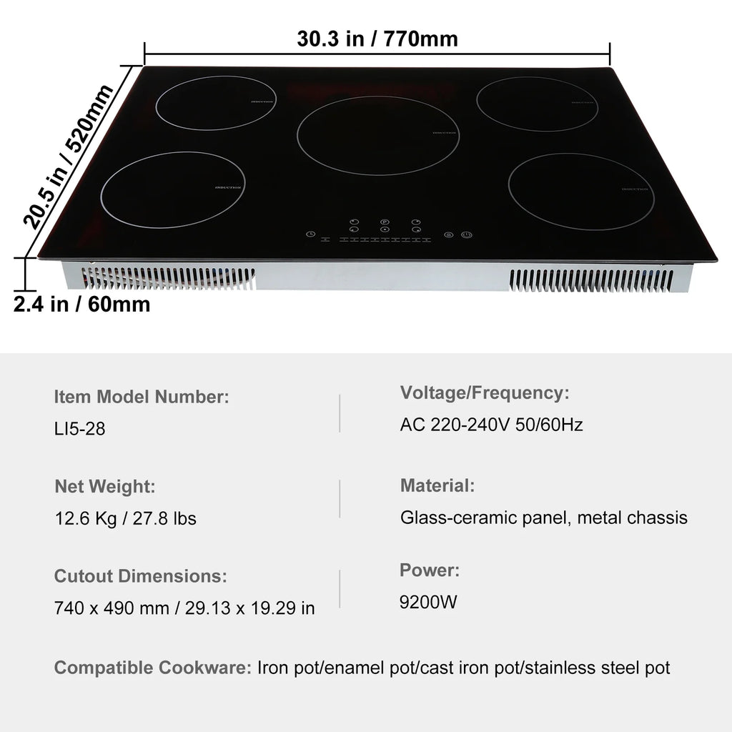 KFFKFF Electric Range, 5 Elements, 30'' Built-in Induction Cooking Surface, 9200W, 9 Power Settings, LED Display, Safety Lock & Heat Guard