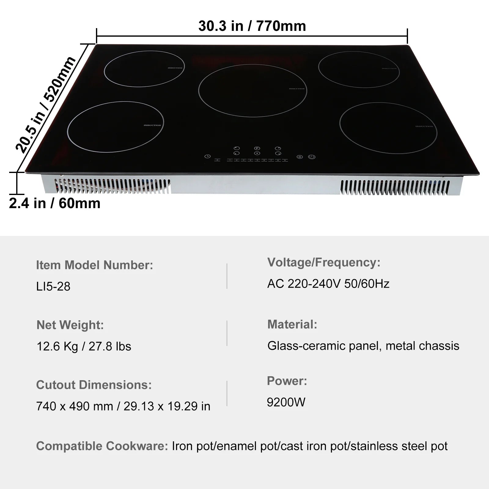 KFFKFF Electric Range, 5 Elements, 30'' Built-in Induction Cooking Surface, 9200W, 9 Power Settings, LED Display, Safety Lock & Heat Guard