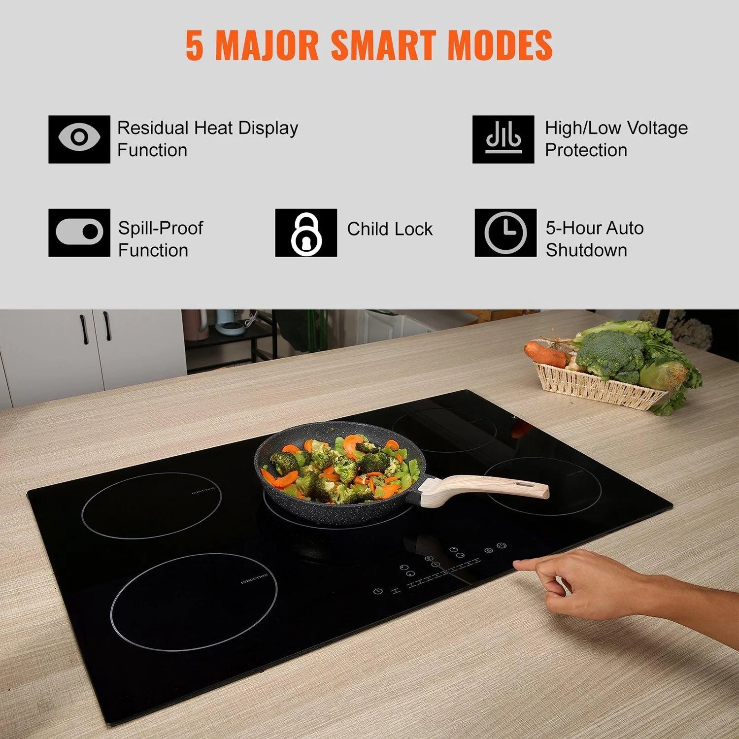 Choco Moon Induction Cooktop 5 Burners, 30'' Stove Top, Built-in Magnetic 9200W, 9 Heat Levels, LED Touch Screen, Child Lock, Over-Temp Protection, Easy Cooking