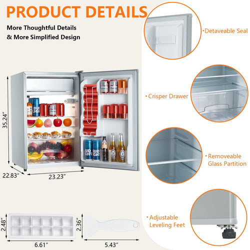 4.3 Cu.Ft Mini Fridge With Freezer, Single Door Mini Fridge w/7 Settings Temperature Adjustable, Mini Refrigerator for Apartment, Bedroom, Office, Dorm, Grey