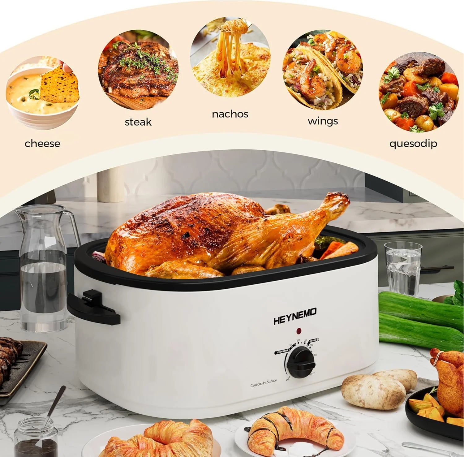 18 Quart Electric Roaster Oven, Turkey Roaster Electric, Roaster Oven Buffet, Selfbasting Lid, Removable Pan, Full-Range Temperature Control Cool-Touch Handles, White Body, Black Lid
