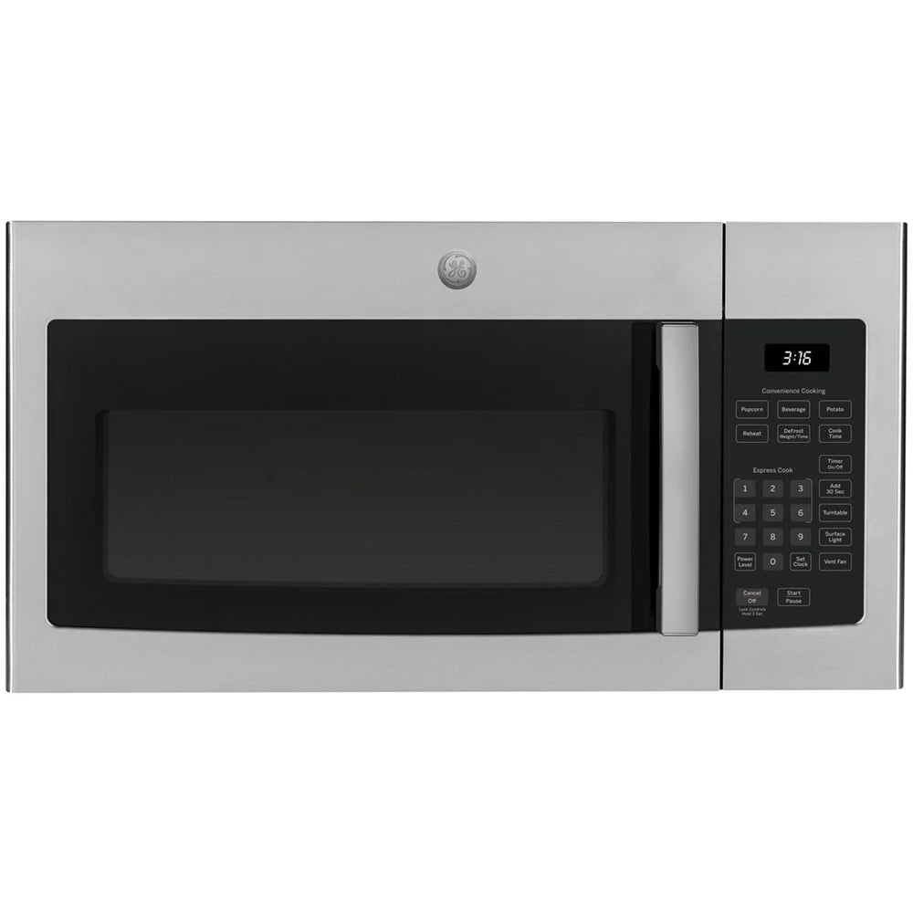 GE JVM3160RFSS 1.6 Cu. Ft. Over-the-Range Microwave Oven Stainless Steel Bundle with Deco Chef Pair of Red Heat Resistant Oven Mitt and 3 YR CPS Enhanced Protection Pack