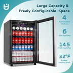 EUHOMY 145 Can Beverage Refrigerator and Mine Cooler with Glass Door with Adjustable Shelves