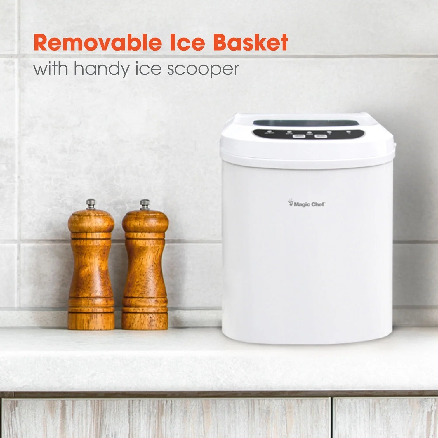 Magic Chef 27 lb. Capacity Portable Countertop Ice Maker, White and Makes Bullet Ice