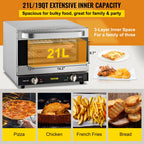 VEVOR Commercial Convection Oven,21L/19Qt,Quarter-Size Conventional Oven Countertop,1440W 3-Tier Toaster with Front Glass Door,Electric Baking Oven with Trays Wire Racks Clip Gloves