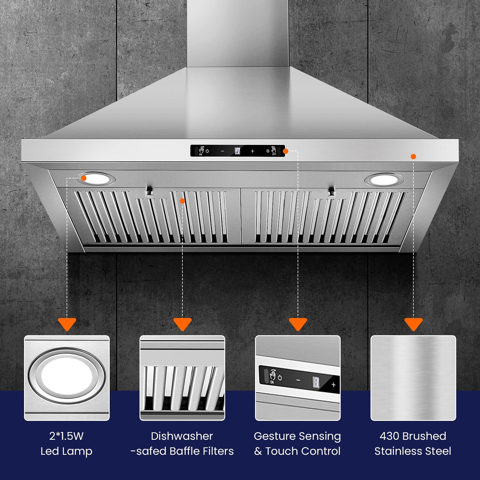 30 inch New Stainless Wall Mount Range Hood Kitchen Stove Exhaust Vent 3-Speed Fan 120V with Led Bulb