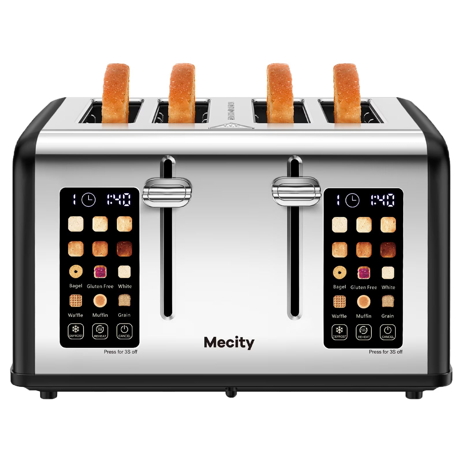 Mecity 4-Slice Touchscreen Toaster, Stainless Steel, 6 Browning Settings, Reheat, Cancel, Defrost, Removable Tray