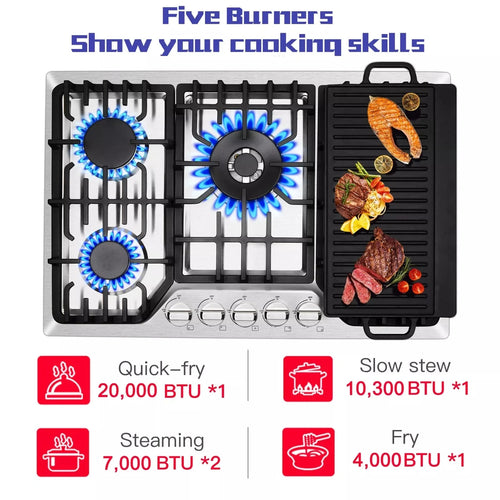 Amzgachfktch 5 Burners Stove 30 inch Gas Cooktop NG/LPG Stainless Steel Built-in with Grill