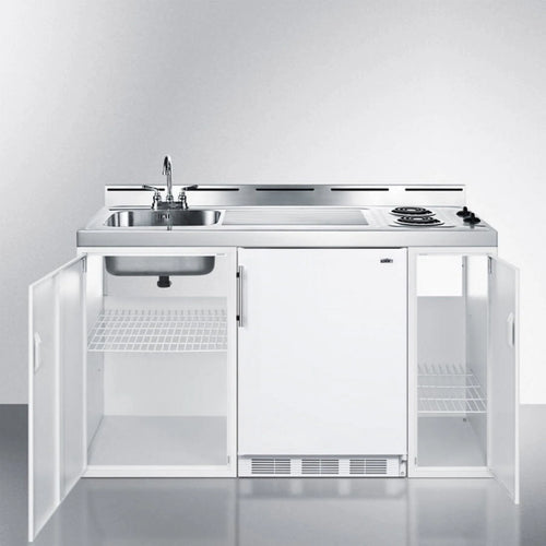 60" Wide All-In-One Kitchenette, White, Glass Cooktop