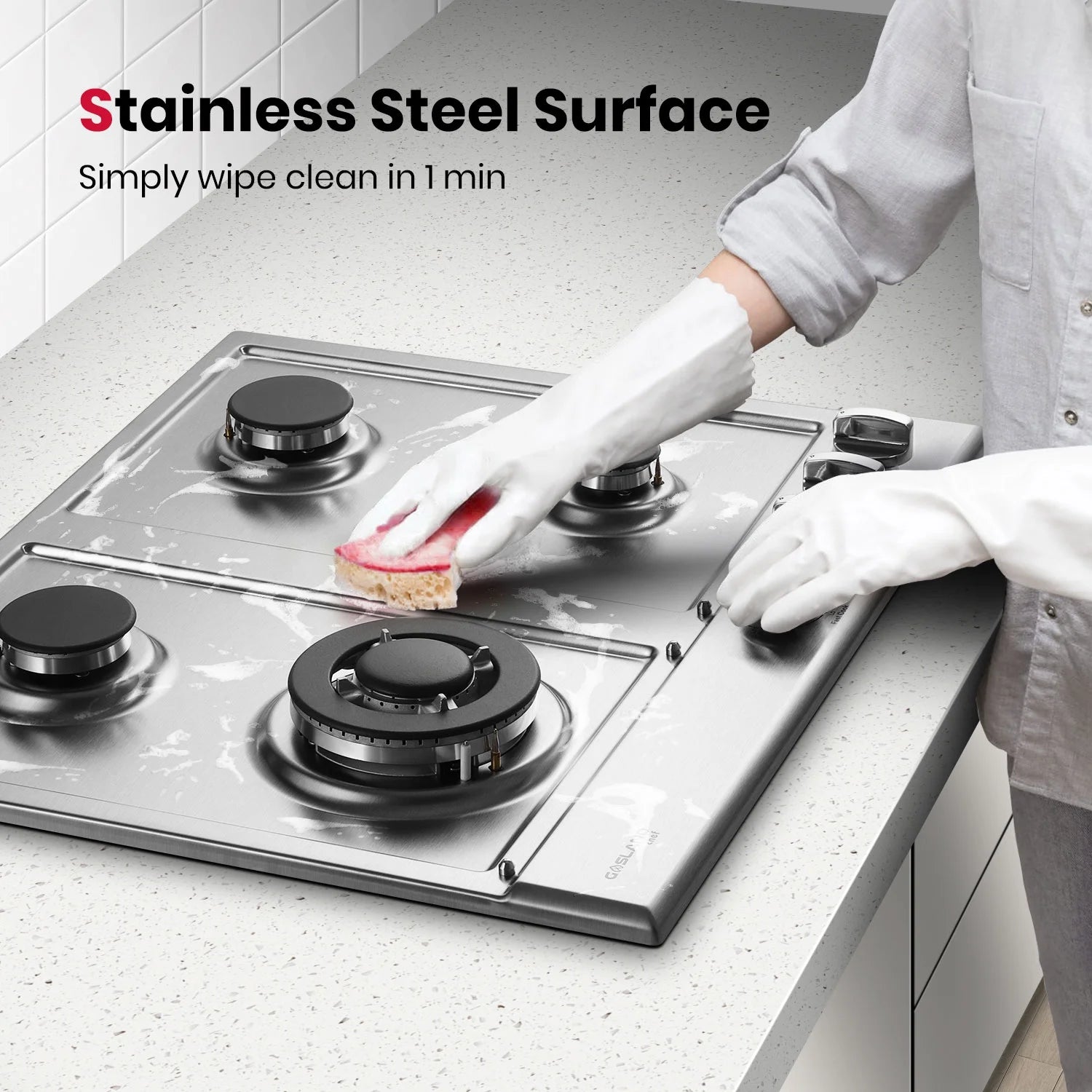 GASLAND GH60EF 24" Built-in Gas Stove Top, Black Ename Gas Cooktop with Griddle, 4 Sealed Burners, ETL