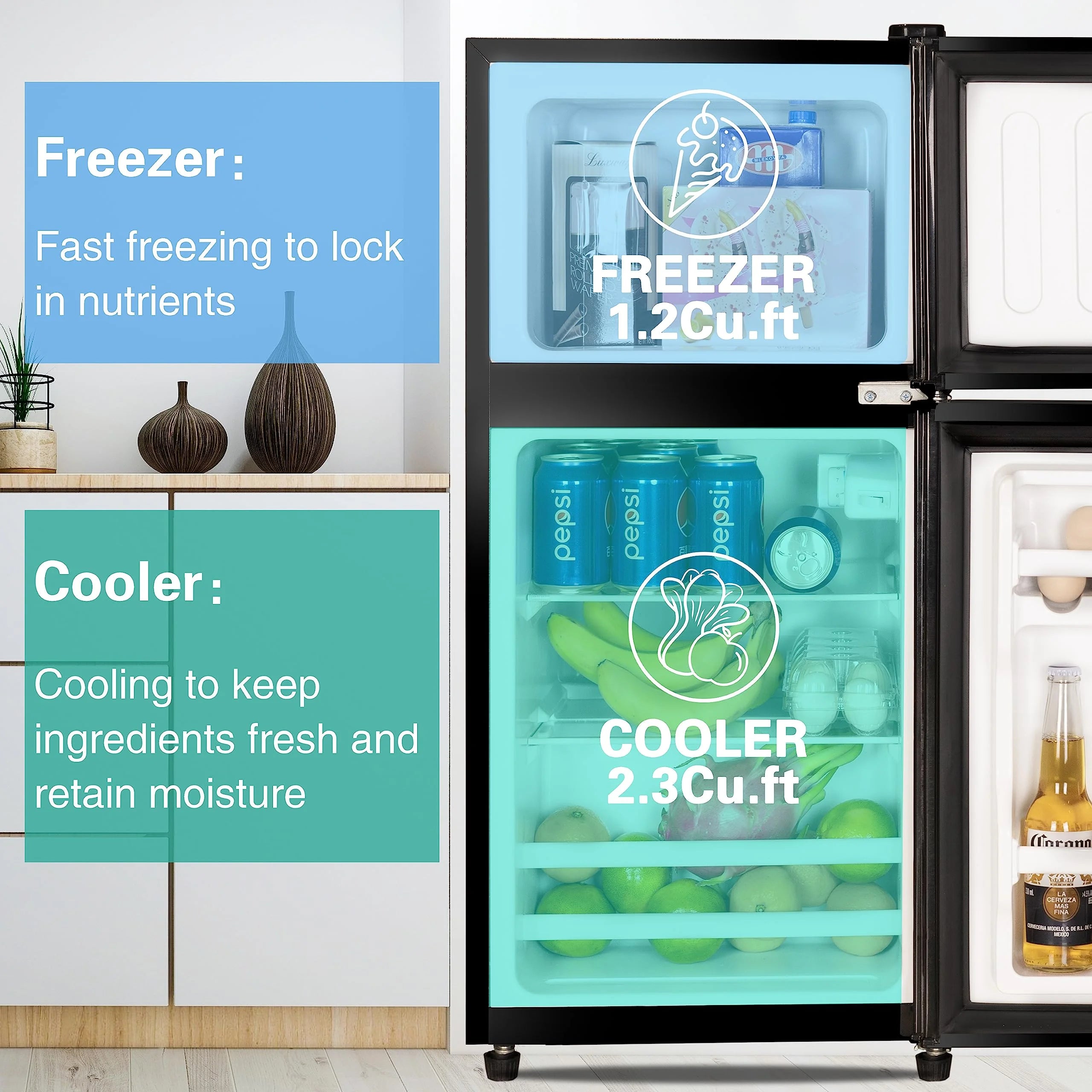 Harper & Bright Designs Double Door Mini Fridge with Freezer, 3.2 Cu.Ft Compact Refrigerator with Adjustable Shelf, Adjustable Thermostat and Reversible Door for Bedroom, Dorm, Home Office, White