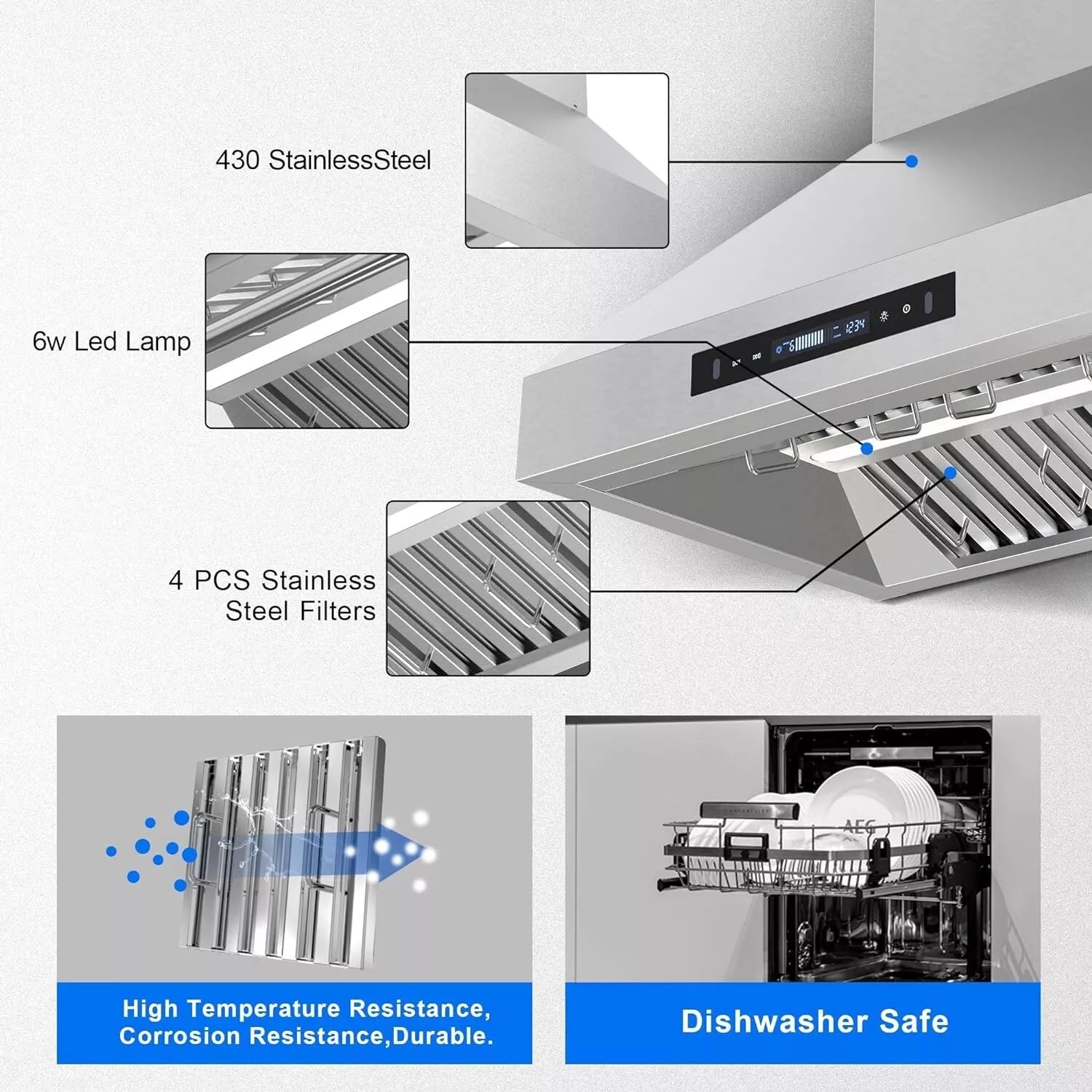 JOEAONZ Wall Mounted Range Hood 30" Kitchen Vent 900 CFM Duct Convertible Touch Control 9 Speed 120V