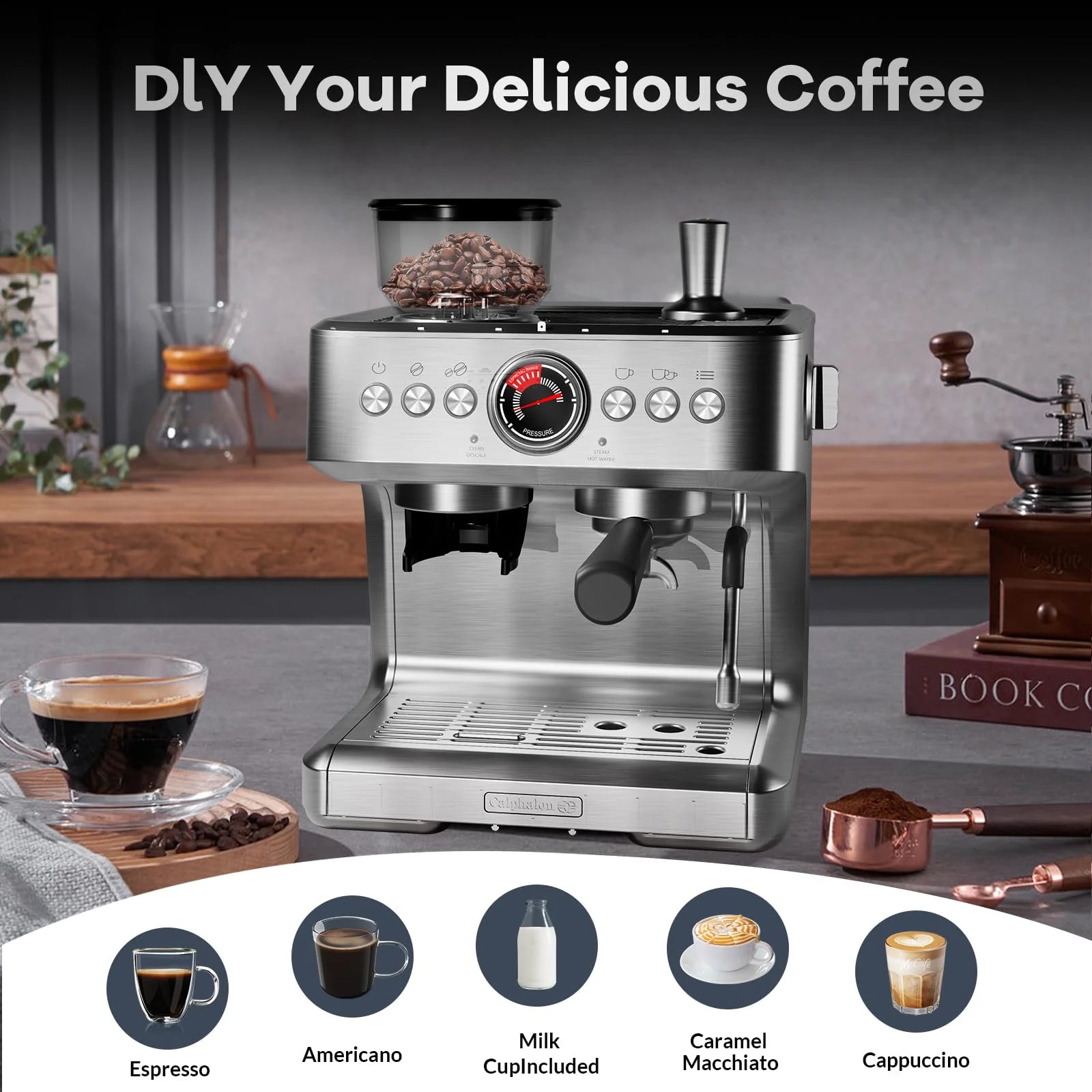 Danolapsi Espresso Coffee Machine,Espresso Machines with Grinder,20 Bar Professional Coffee Maker with Milk Frother Steam Wand,2.8L Water Tank,15 Grinding Setting Espresso Cappuccino/Latte Maker