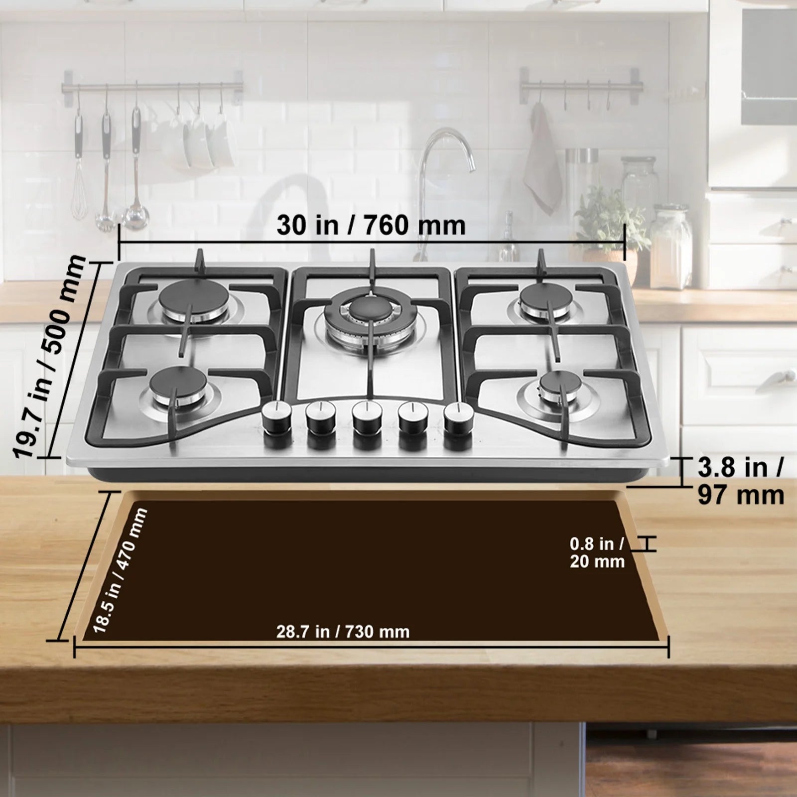 KFFKFF Gas Cooktop Stove Top 30 inch Max 12250BTU 5 Burners Built-in LPG/NG Convertible