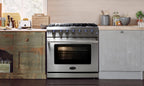 Cosmo 5 Piece Kitchen Appliance Package with 36" Freestanding Gas Range 36" Island Range Hood 24" Built-in Fully Integrated Dishwasher French Door Refrigerator & 48 Bottle Wine Refrigerator