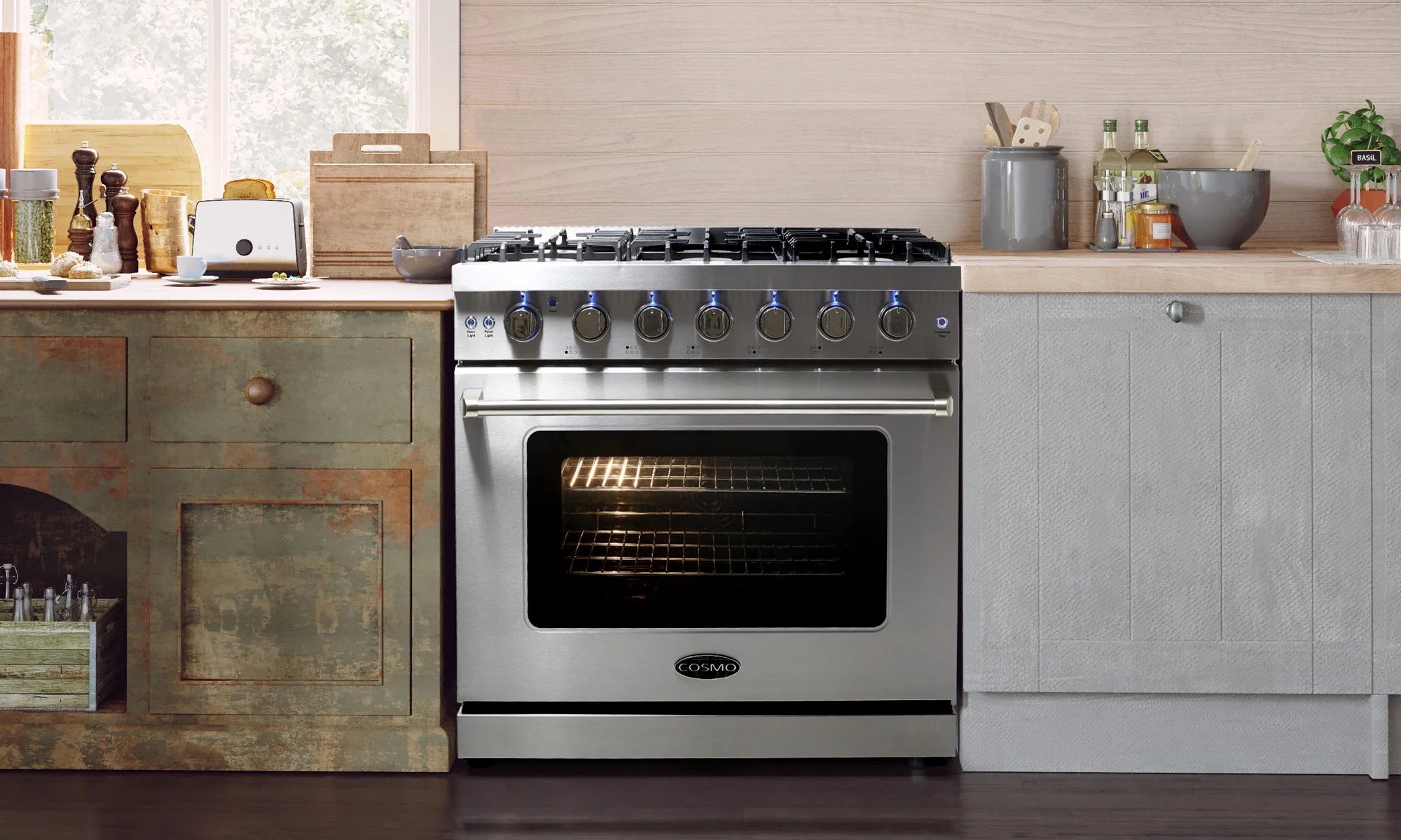 Cosmo 3 Piece Kitchen Appliance Packages with 36" Freestanding Gas Range Kitchen Stove 24" Built-in Fully Integrated Dishwasher & 48 Bottle Freestanding Wine Refrigerator Kitchen Appliance Bundles