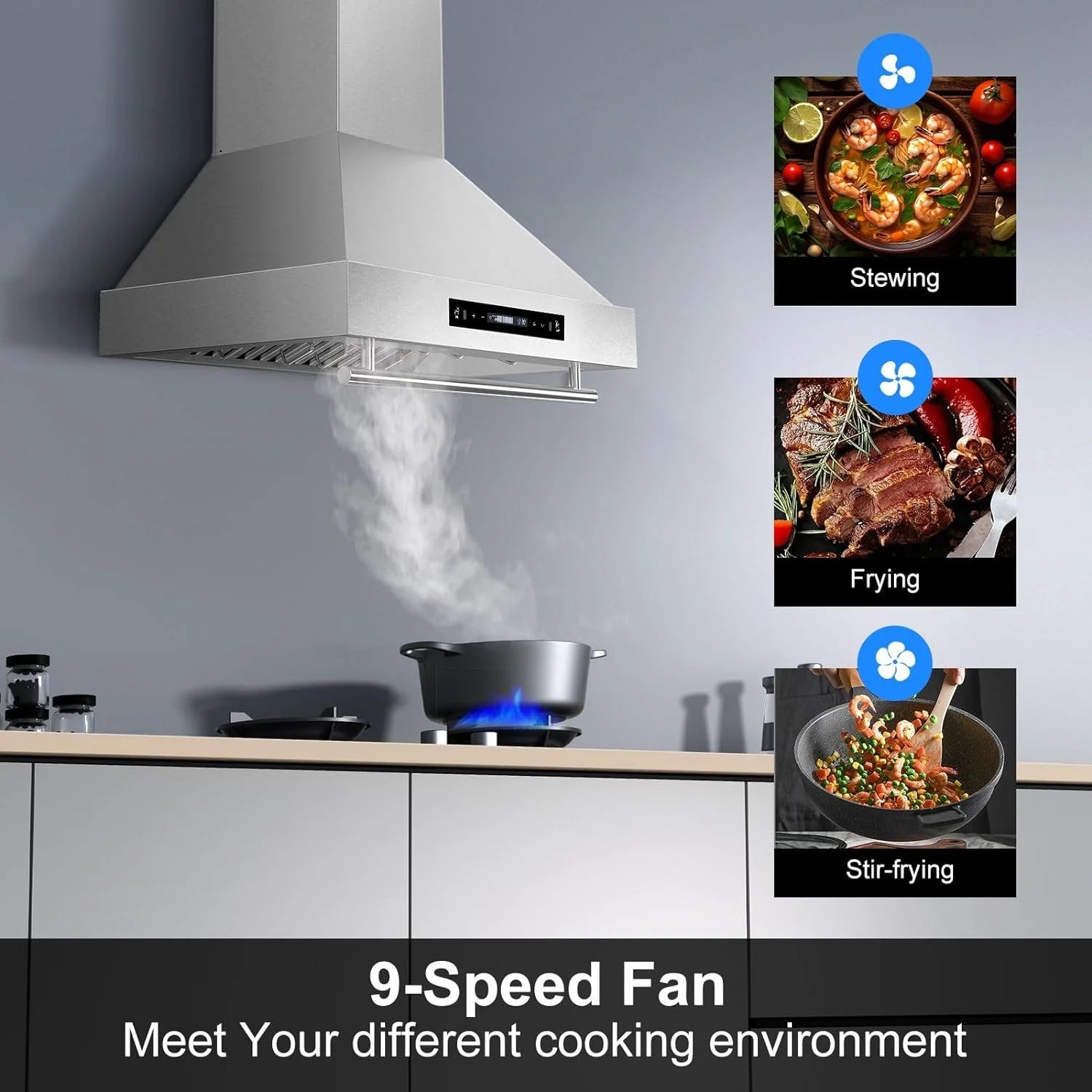 JOEAONZ Wall Mounted Range Hood 30" Kitchen Vent 900 CFM Duct Convertible Touch Control 9 Speed 120V