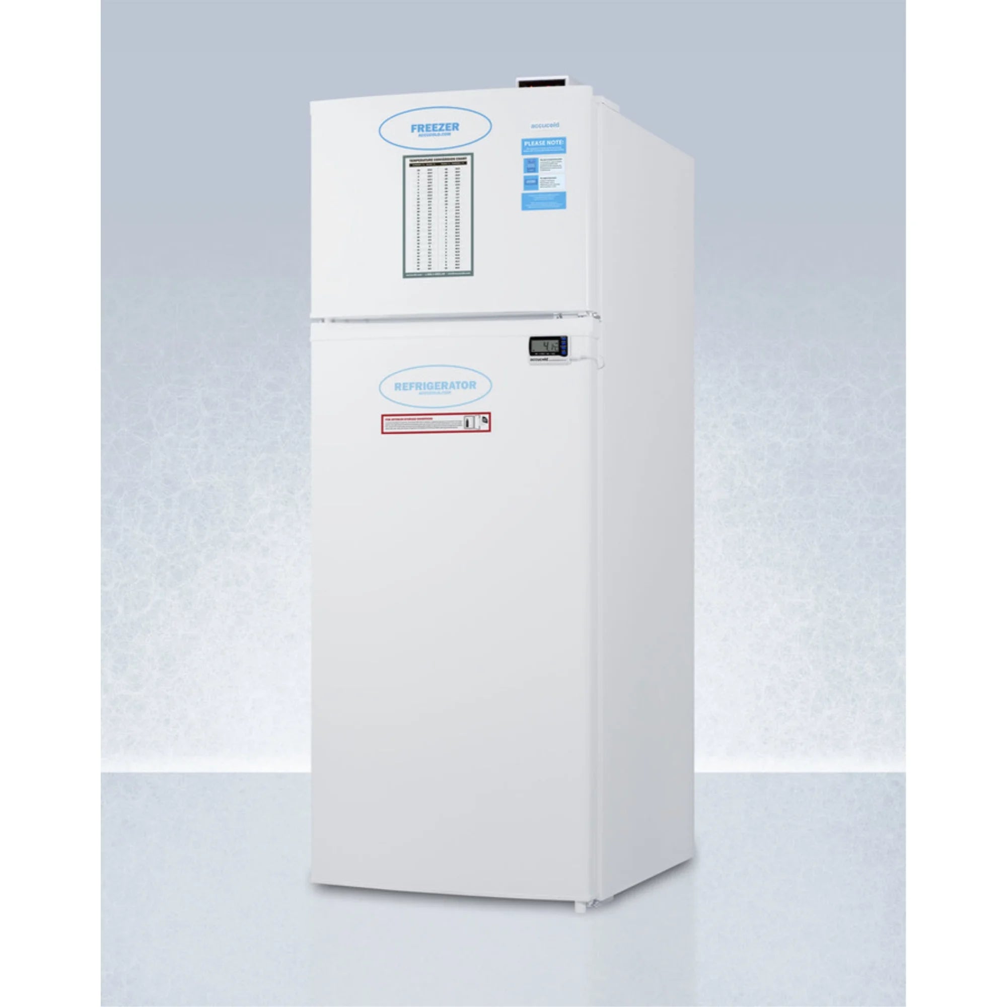 General purpose refrigerator-freezer with digital controls, internal fan, alarm/thermometer, and 2-8C refrigerator section
