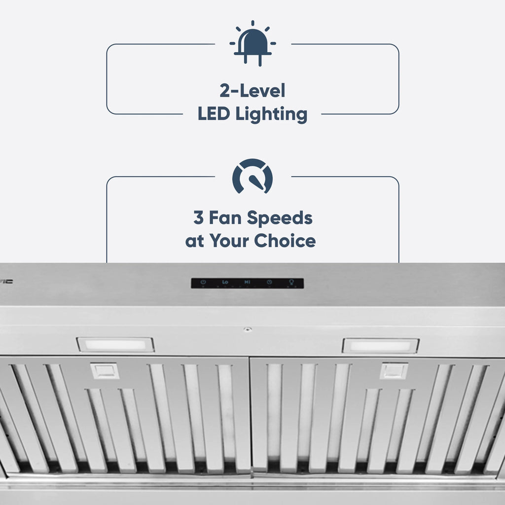 Pacific Economy Pro Under Cabinet Ducted Range Hood 30 inch - 850 CFM 3-Speed Powerful Kitchen Vent Hood - Electric Stainless Steel - Ultra Quiet, Glass Touch Control, 6W LED Lights PR6830AS