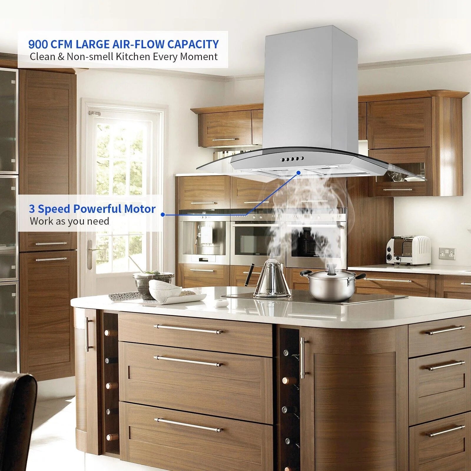 30 inch Island Mount Range Hood 900CFM  Tempered Glass 3-Speed Vent Hood Stainless Steel Dishwasher