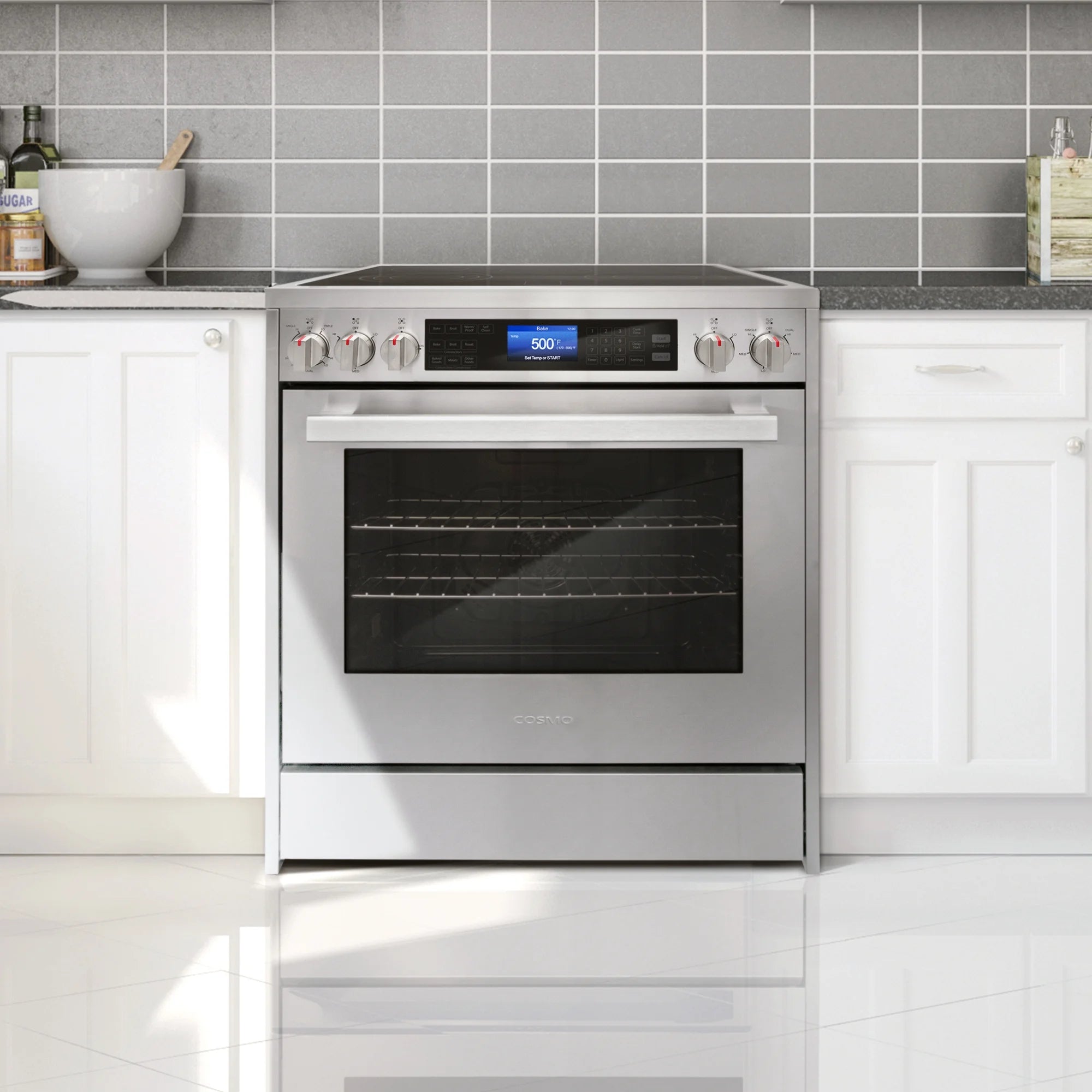 Cosmo 5 Piece Kitchen Appliance Packages with 30" Freestanding Electric Range 30" Island Range Hood 24" Built-in Fully Integrated Dishwasher French Door Refrigerator & 48 Bottle Wine Refrigerator