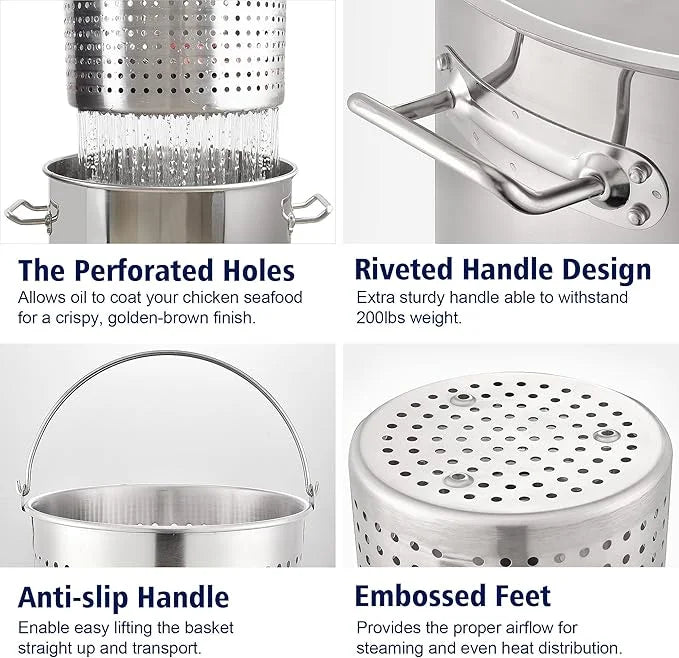 52QT Seafood Boiling Kit, 200,000BTU Propane Burner And Stainless Steel Crawfish Boil Pot w/Basket and Steamer Rack, For Outdoors Cooking and Steaming, Large Turkey Fryer Pot, Lobster Shrimp Pot