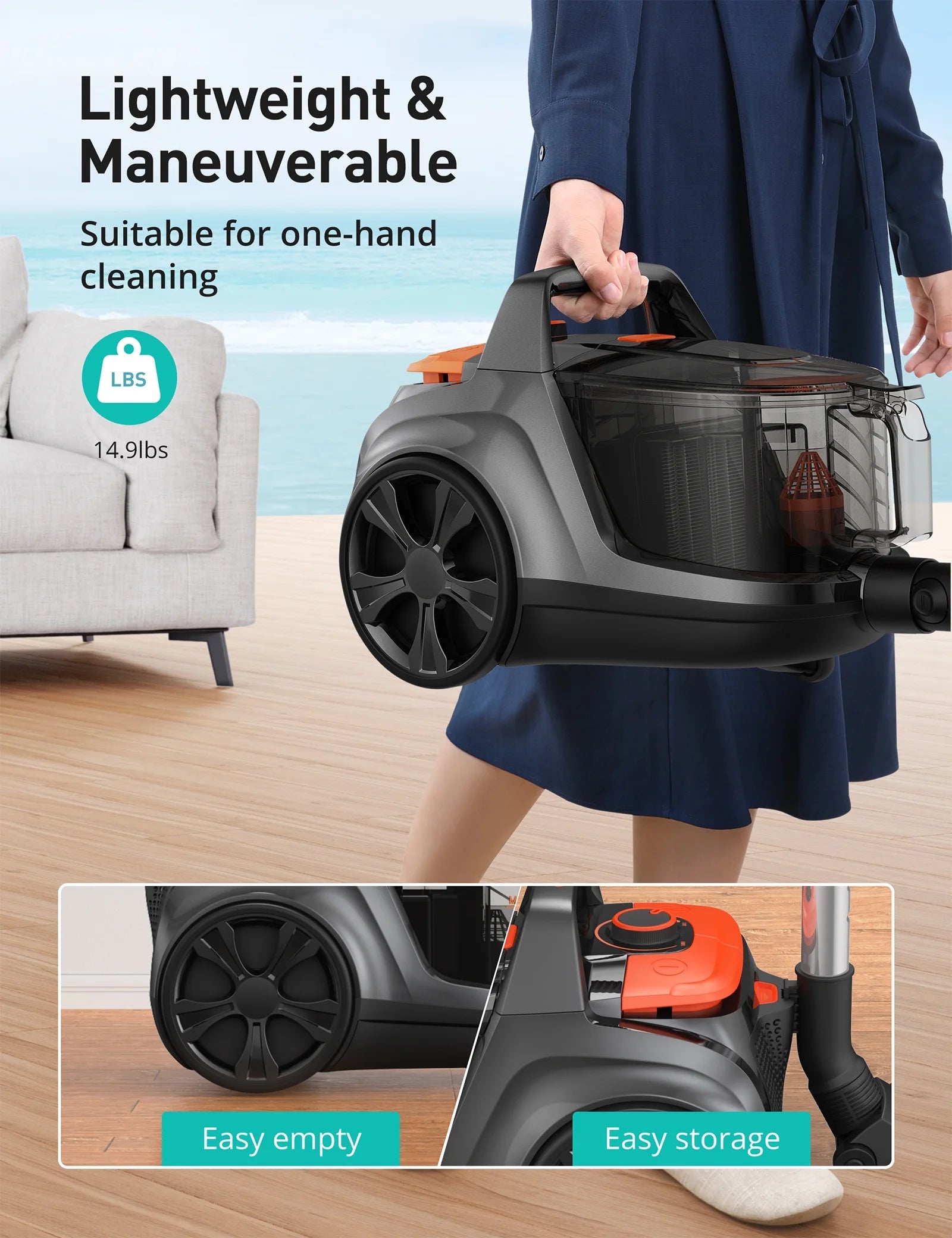 Canister Vacuum Cleaner, 30Kpa Powerful Suction, Bagless with 3.7QT Large Dust Cup, Auto Cord Rewind, HEPA Filter, 5 Attachments, Lightweight Vacuum for Pet Hair, Hard Floors & Car