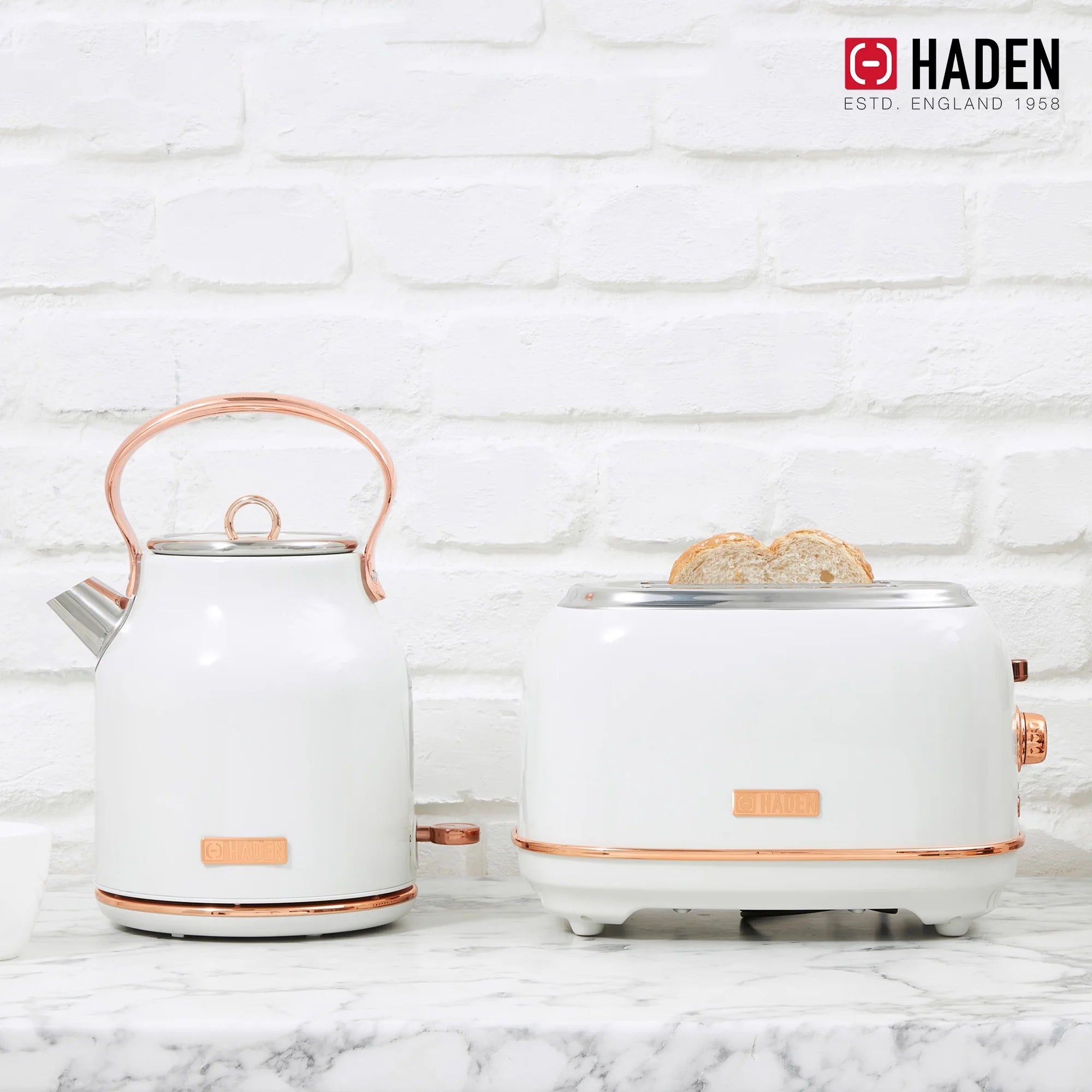 Haden Heritage 1.7 Liter Electric Kettle with 2 Slice Bread Toaster, White