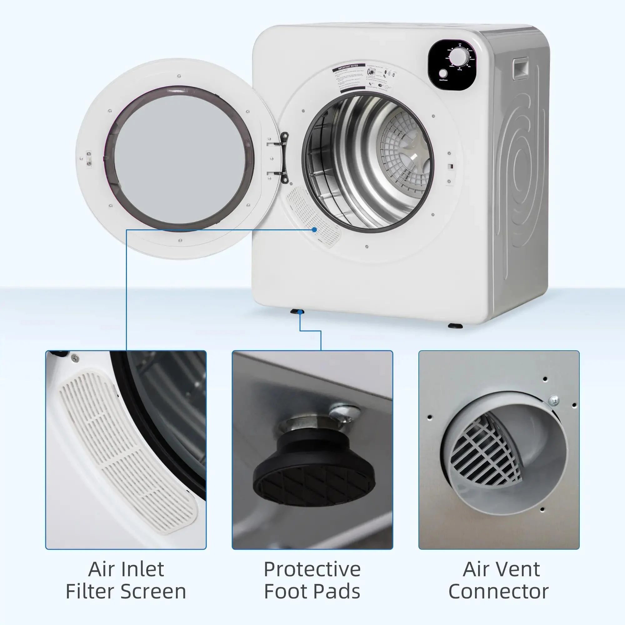 Resenkos Compact Laundry Dryer 1300W Portable Clothes Dryer with 3.2 cu.ft Stainless Steel Drum, Front Load Electric Dryer, White