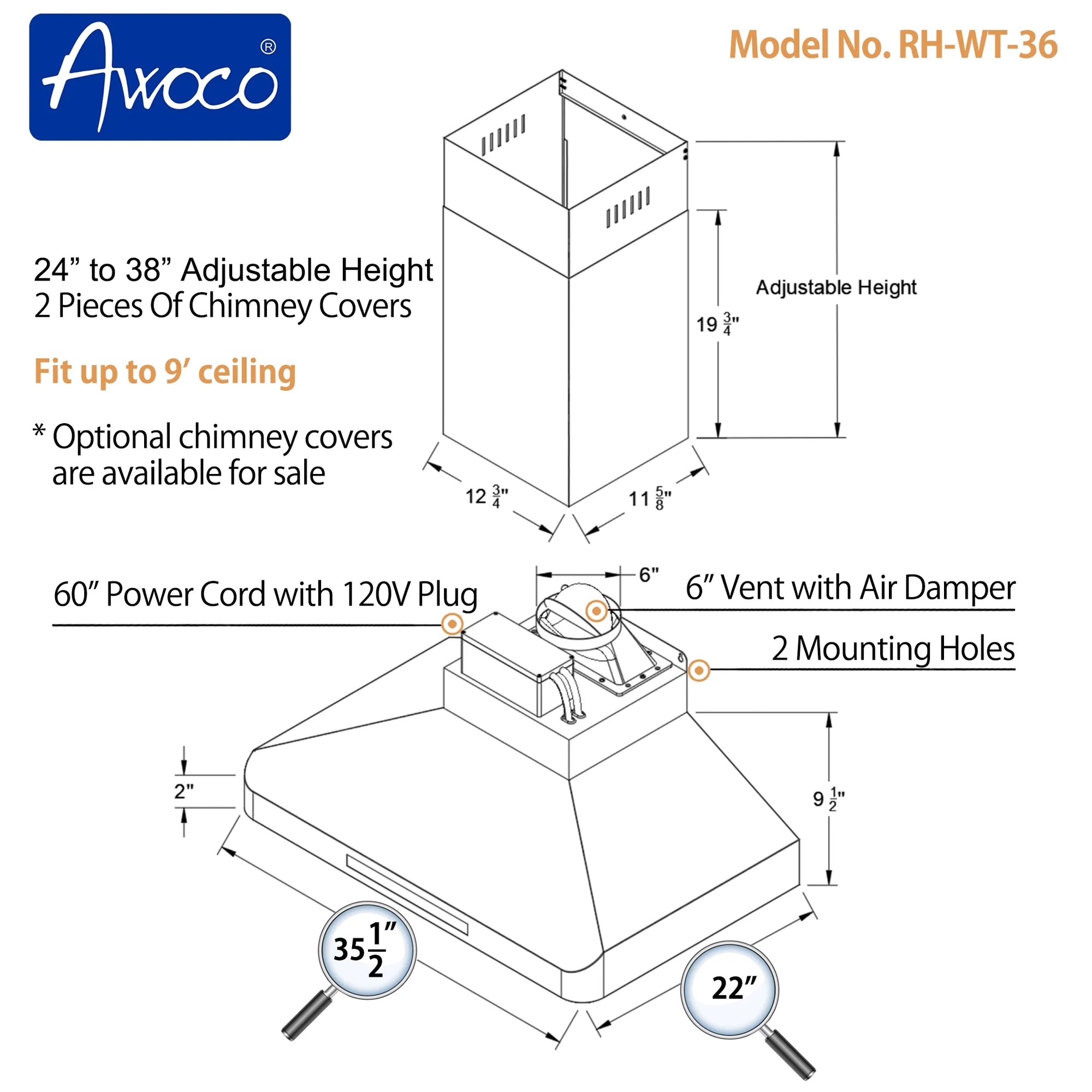 Awoco RH-WT-30 Awoco RH-WT-30 Wall Mount 4 Speeds, 6 Top Round Vent Stainless Steel Range Hood