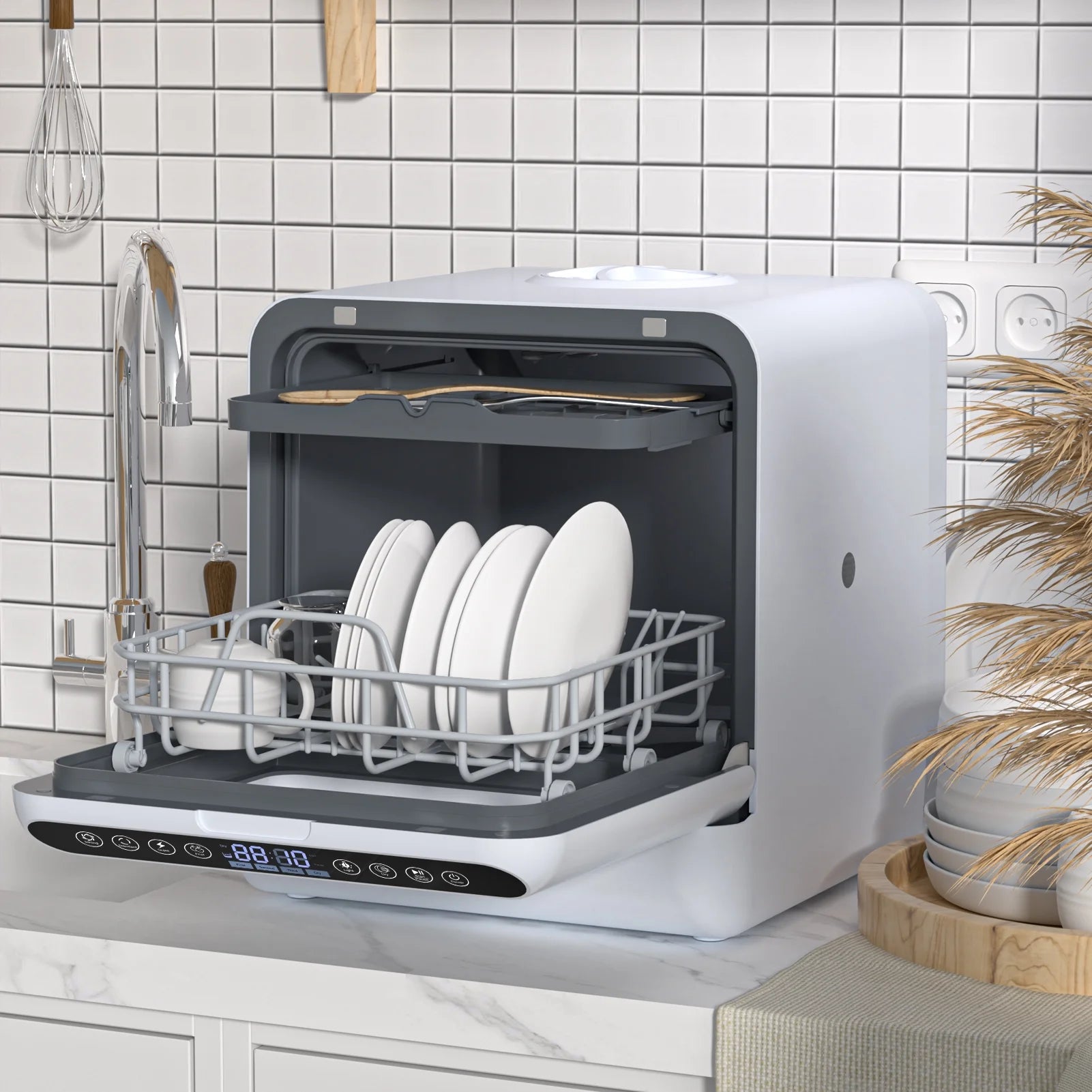Happydeer Mini Dishwasher with a Built-in 5L Water Tank, No Hookup Needed, 2-Tier Rack, 3-Spray Arm, Air-Dry Function, Automatic Smart Portable Countertop Dishwasher