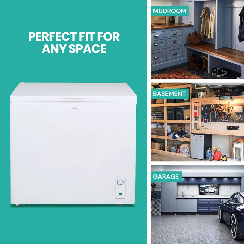 Koolatron Large Chest Freezer, 7.0 cu ft (195L),Manual Defrost Deep Freeze, Storage Basket, Space-Saving Flat Back, Stay-Open Lid, Front-Access Drain, White