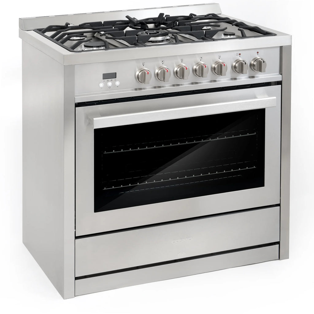 Cosmo 4 Piece Kitchen Appliance Packages with 36" Freestanding 220/240V Dual Fuel Range 36" Island Range Hood 24" Built-in Integrated Dishwasher & French Door Refrigerator Kitchen Appliance Bundles