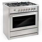 Cosmo 4 Piece Kitchen Appliance Packages with 36" Freestanding 220/240V Dual Fuel Range 36" Island Range Hood 24" Built-in Integrated Dishwasher & French Door Refrigerator Kitchen Appliance Bundles