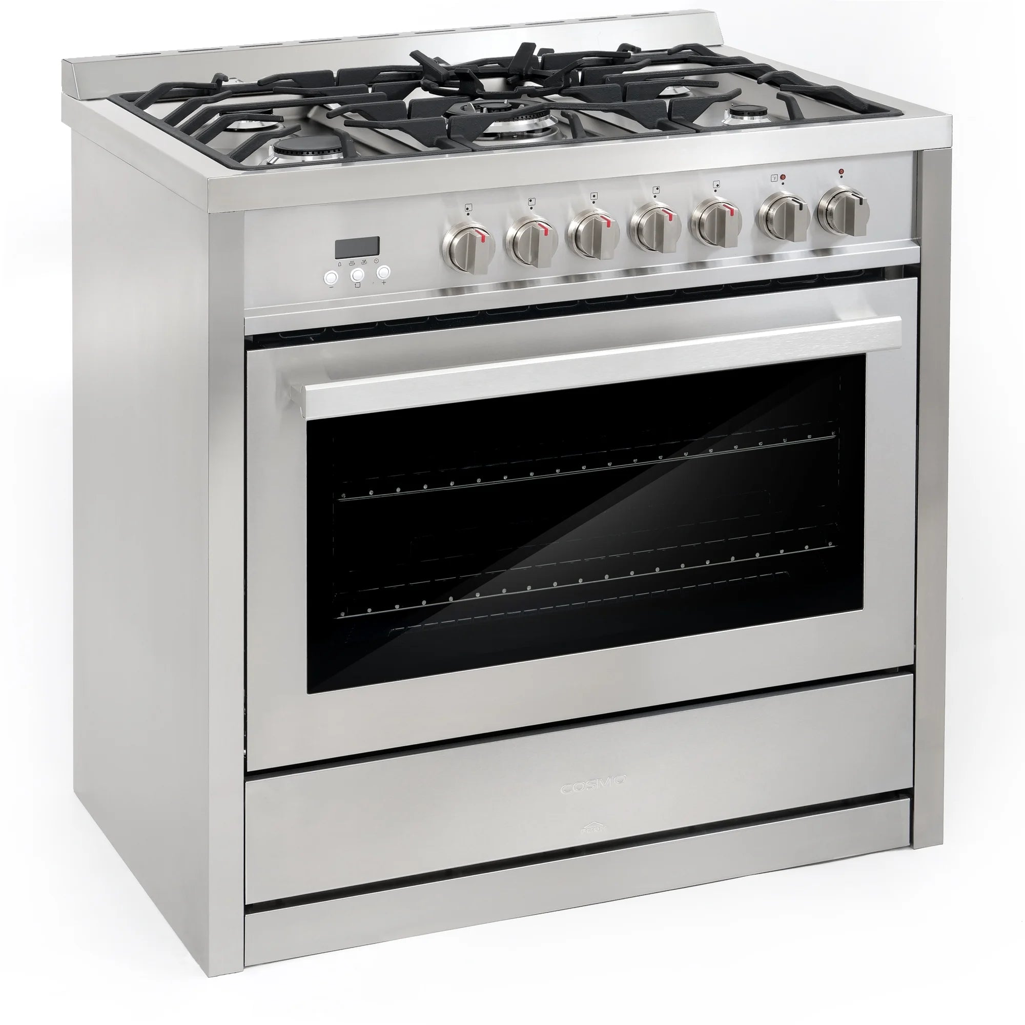 Cosmo 4 Piece Kitchen Appliance Package with 36" Freestanding Dual Fuel Range 36" Island Range Hood 24" Built-in Integrated Dishwasher & French Door Refrigerator Kitchen Appliance Bundles