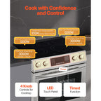 KFFKFF 30-Inch Electric Range Oven, 4.8 Cu. Ft. Freestanding Stainless Steel Stove, Features 5 Burners, Timer, Self-Cleaning, Air Fry Function, Adjustable Racks, and Storage Drawer, Silver